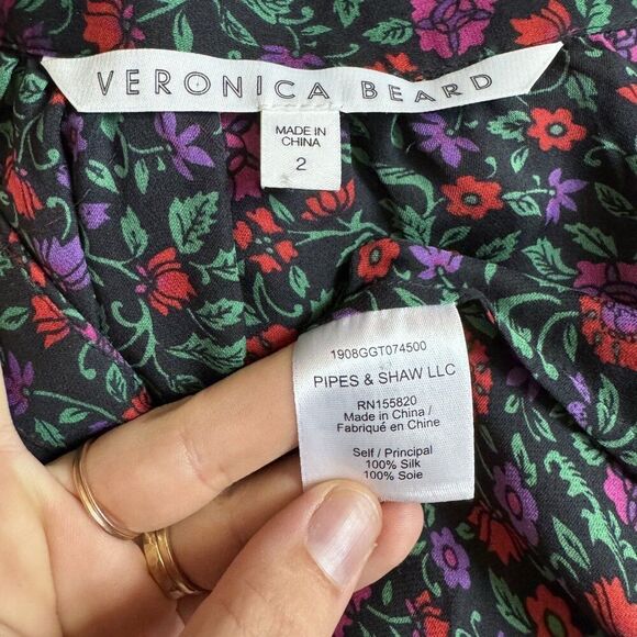 Veronica Beard Ashlynn Blouse Black Pink Floral 100% Silk Sheer Sz 2 - Picture 2 of 8